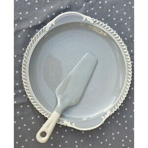 Harker Pottery Chesterton Cake Plate 11" + Server Set Blue Gray Vintage